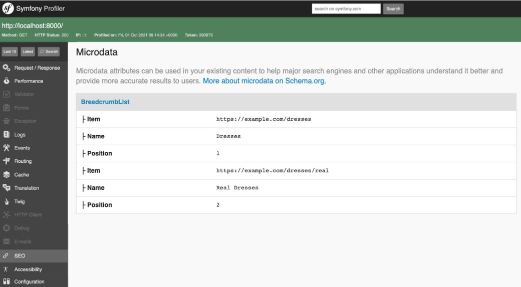 Capture d'écran de la page SEO du profiler Symfony